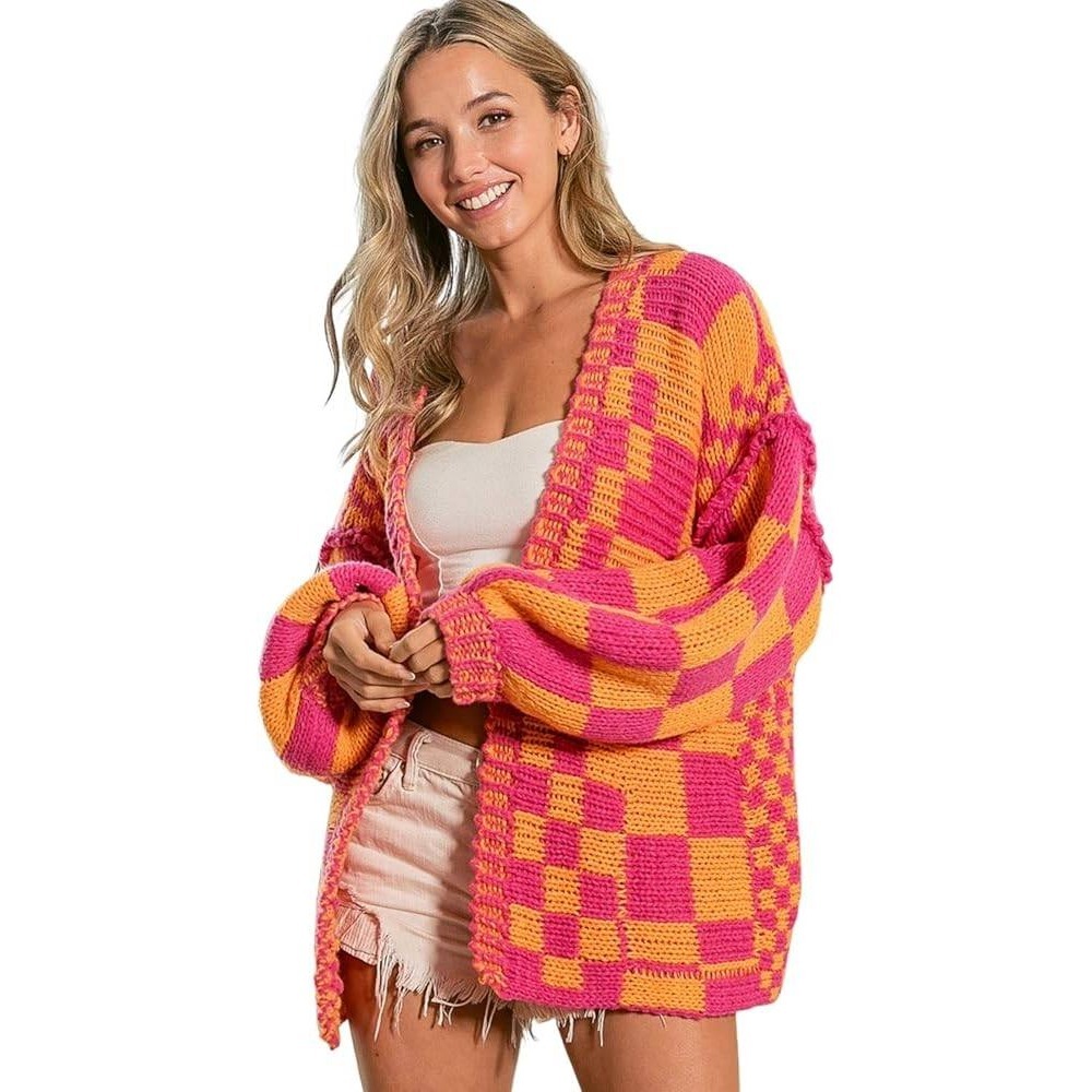 pink orange relaxed dopamine patchwork plaid open front knit sweater L